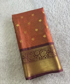 Rust Orange Micro Jari Checks Saree